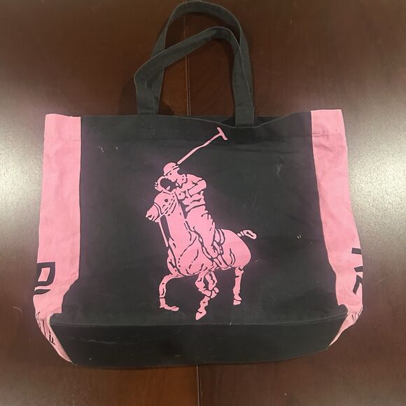 Ralph Lauren Pink Black Canvas Tote RL 2000 15” Tall Beach Pool Bag - Picture 1 of 5